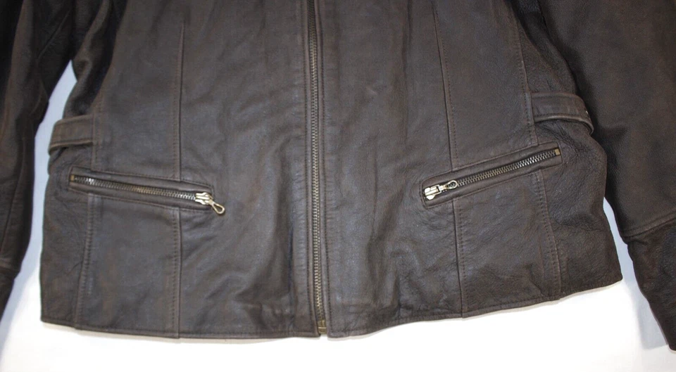 Chaqueta de cuero Winlit vintage para mujer grande bombardero moto cintura ceñida marrón oscuro Foto 2 de 4