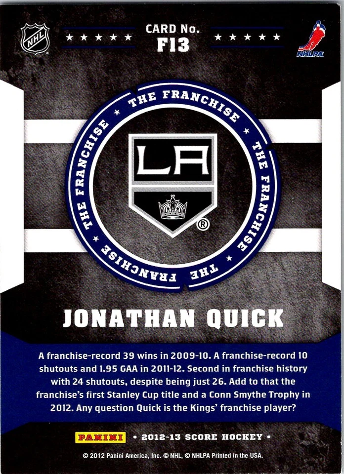 2012-13 Score The Franchise Jonathan Quick Los Angeles Kings #F13 - Image 2 of 2