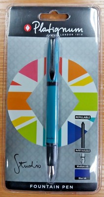 1x NEU PLATIGNUM STUDIO TÜRKIS MEDIUM FEDER FÜLLFEDERHALTER + 1 BLAUE & SCHWARZE MINE