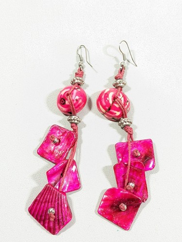 Artisan Silver Tone Pink Acrylic Shell Square Chip Tassel Dangle Hook Earrings - Picture 3 of 8