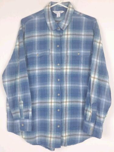 Old Navy The Boyfriend Shirt Womens L Blue Plaid Flannel Button-up 100% Cotton