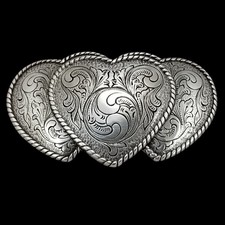 Vintage Western Style Triple Heart Engraved Belt Buckle Silver Tone Cowboy