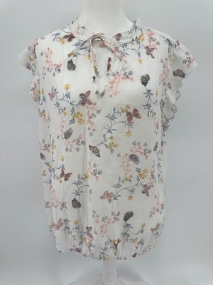 C by One Blouse Womens Large White Butterfly Floral Sheer Ruffle Cap Sleeve Top