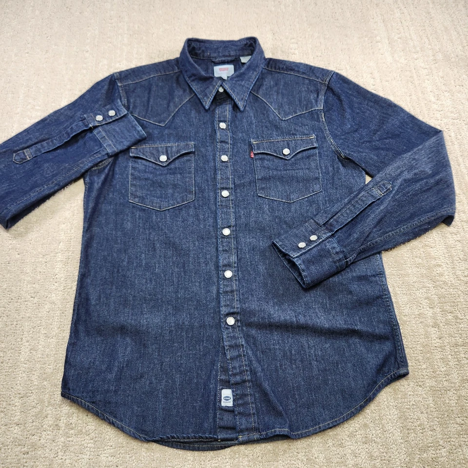Camisa Levis Hombres Pequeña Blanca Roble Cono Denim Perla A Presión Índigo Oscuro Calce Ajustado Azul Foto 3 de 4