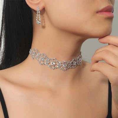 Mode Crystal Bride Schmuck Set Strass silber-gelegte Halskette Ohrringe Set 