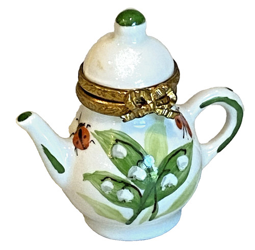 LIMOGES France PEINT MAIN Trinket TEAPOT Box-Signed-LILY of the VALLEY & LADYBUG