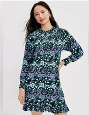 Loft Women s Black Purple Floral Smocked Dress Ruffle Neck Size XS New 79.95