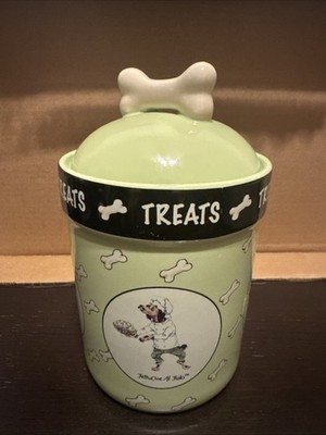 Ceramic Dog Treat Jar Bone On Lid Fettucini Al Fido Mint Green Color Vo-Toys
