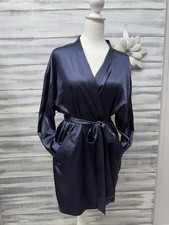 Victoria's Secret Navy Blue Satin Robe One Size Tie Attached Belt Long Sleeve