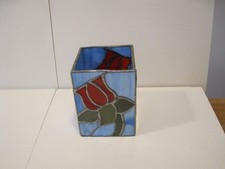 STAINED SLAB  GLASS VASE RENNIE MACKINTOSH TIFFANY INSPIRED BLUE RED ROSE 4.25in