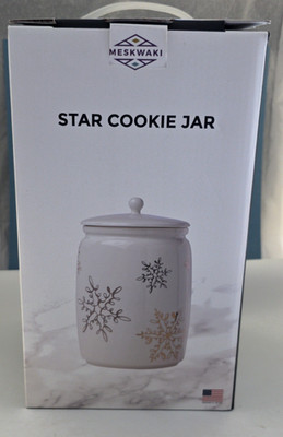 Star Cookie Jar Ceramic Gold Silver Black Swirl Stars 10  w/ Lid Rubber Seal