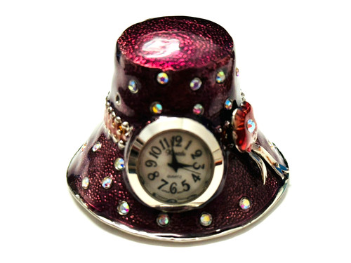 Mini Desk Clock Enameled Hat Flower Collectable Fashion Rhinestones Miniature