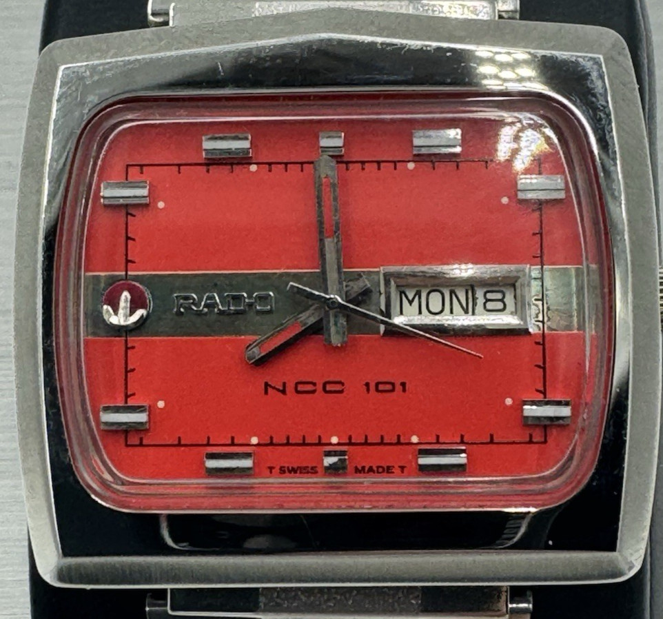 RECENTLY MENS 1970’s 101 NCC DIAL DAY/DATE RED WATCH RADO SERVICED AUTOMATIC - vintagewatches.pk