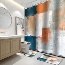 4Pcs Bathroom Sets with Shower Curtain and Rugs Blue Orange White Abstract Ba...