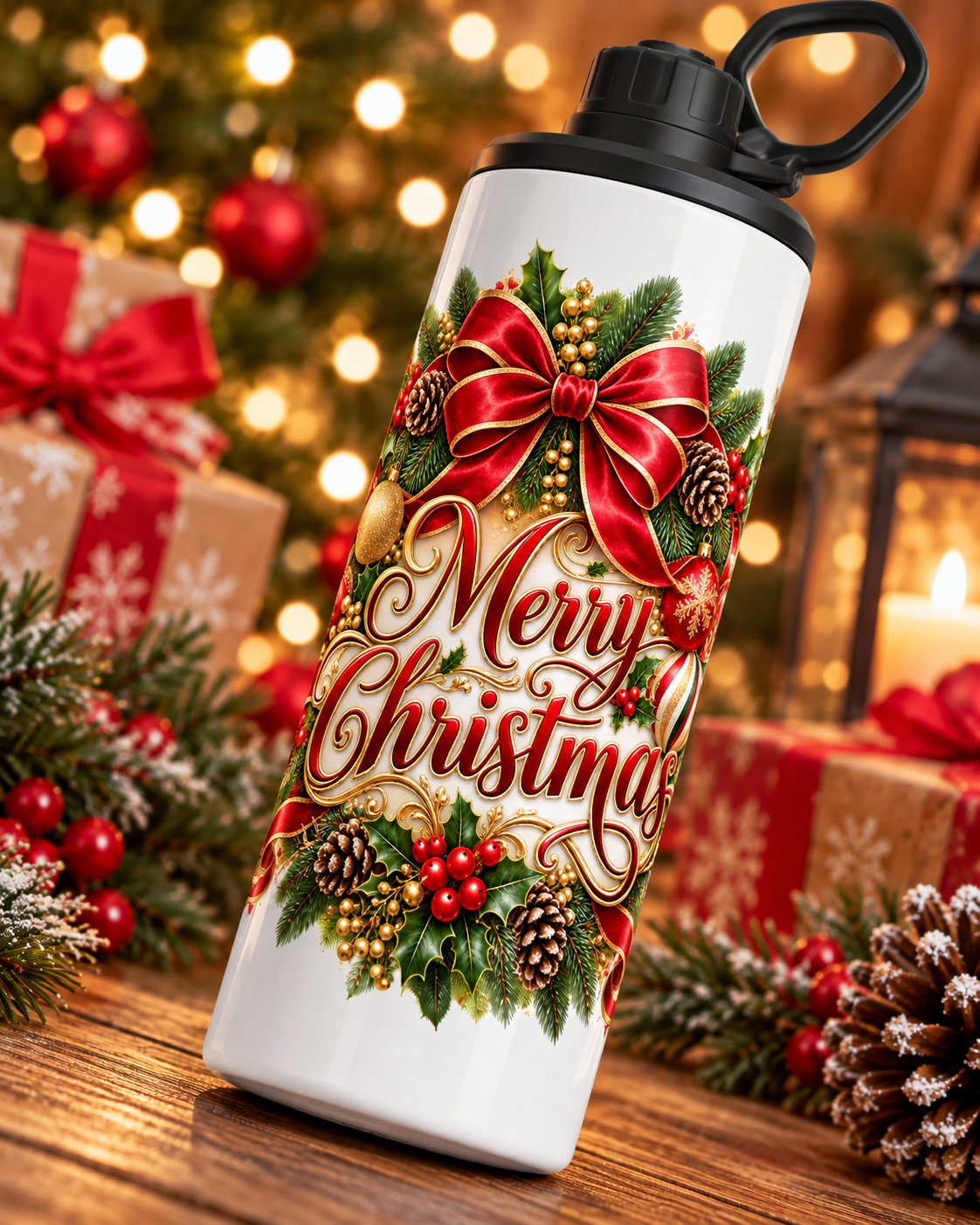 20 oz Merry Christmas Insulated Tumbler with Handle – Holiday Cup product photograph