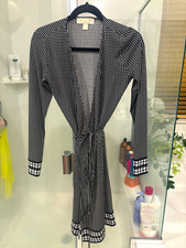 Michael Kors Wrap Dress Check Black White V-Neck Tie Waist Long Sleeve XS