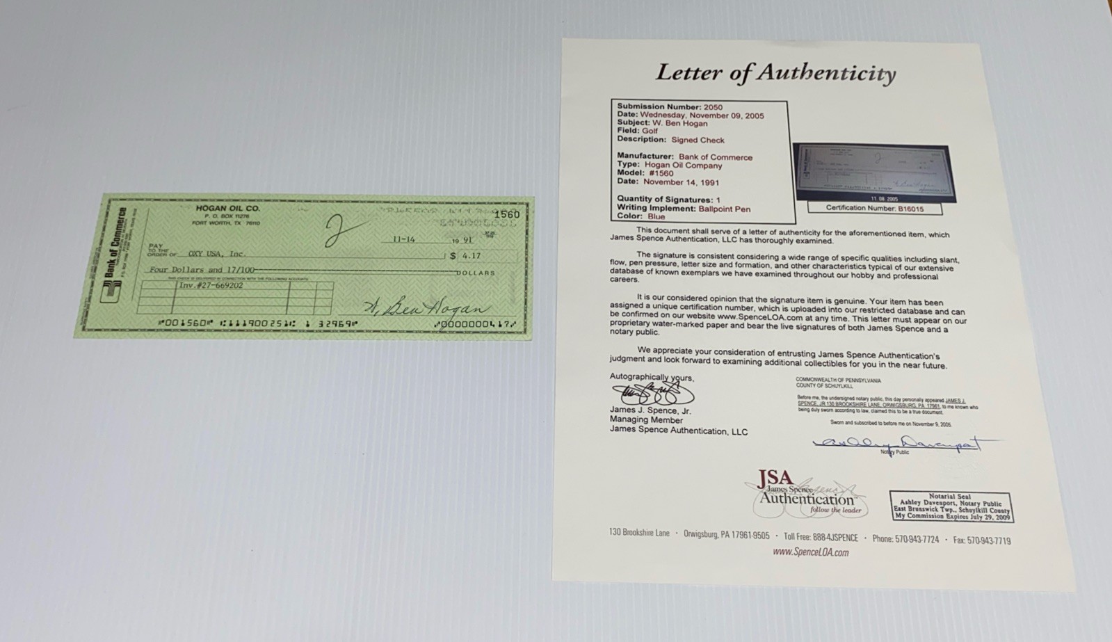 Ben Hogan Autographed Signed 1991 Professional PGA Golf Champion Bank Check JSA LOA Letter 