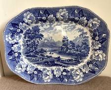 Victorian blue and white meat platter, castle river scene, wild rose border