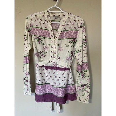 Etam Paris 100% Cotton Cream Purple Floral MilkMaid Blouse Prairie M