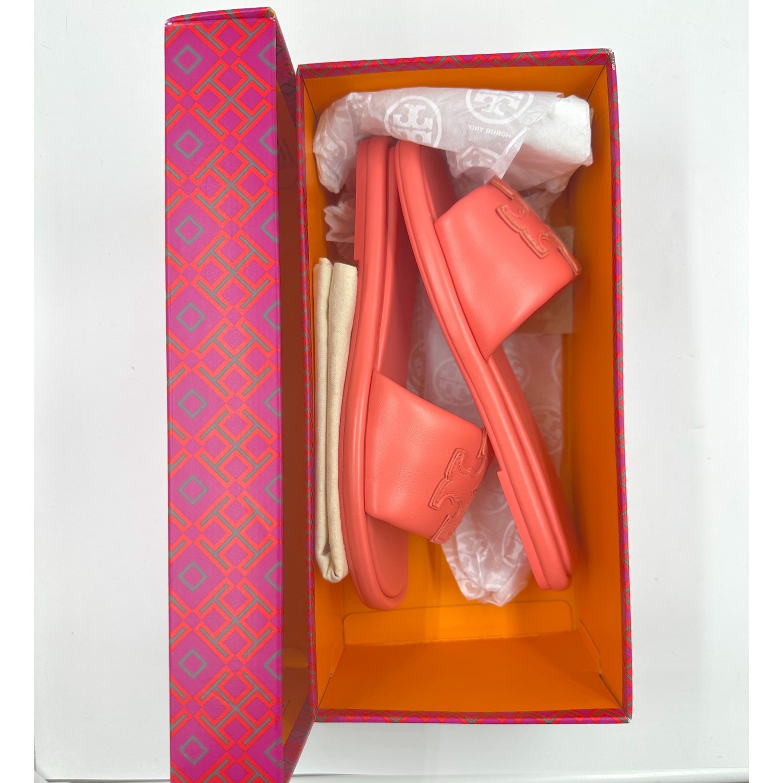 Tory Burch Double T Sport Leather Slide Coral Crush 160910 US 6 NEW Orange Luxe thumbnail 5