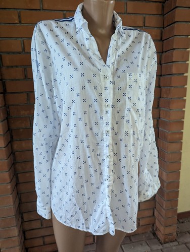 Emily van den bergh Size 40 white/blue roll tab sleeve womens shirt blouse - Picture 8 of 17