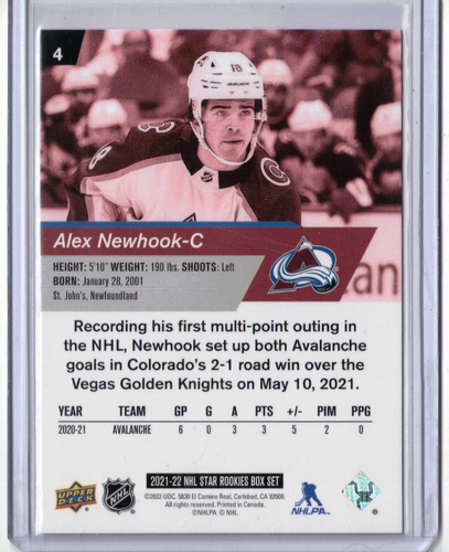 π₯ ALEX NEWHOOK 21/22 Upper Deck Star Rookies Box Rookie Colorado Avalanche 4 π₯ - Picture 2 of 2