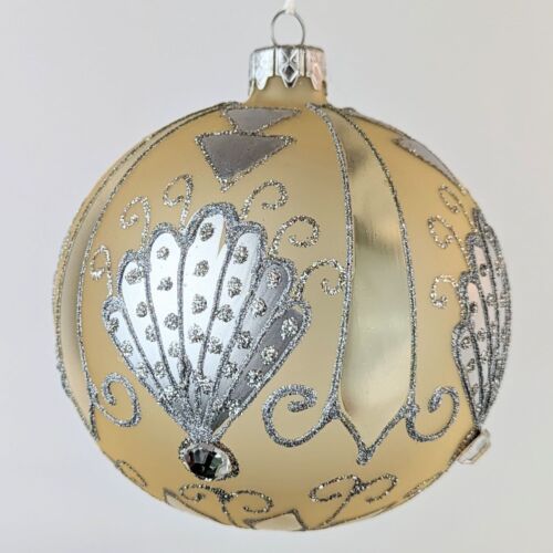 Hand Painted Sparkly Blown Glass Ornament Round Ball Peachy Gold Silver Glitter - Afbeelding 1 van 9