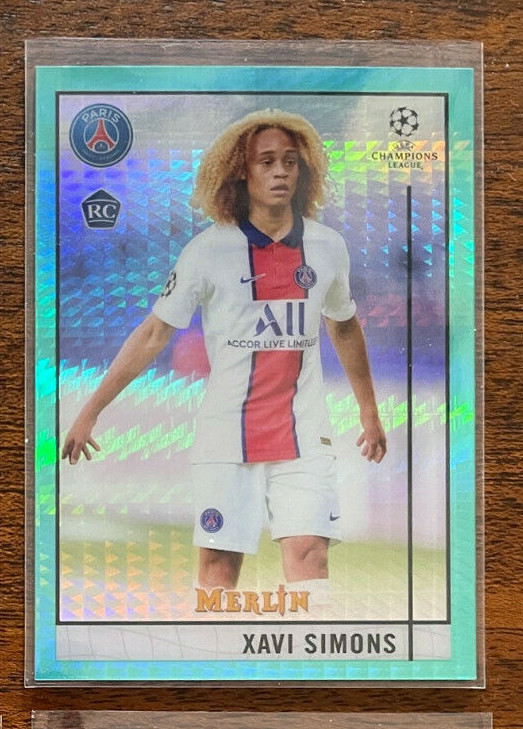 2020 21 Topps Chrome Merlin Soccer Xavi Simons Aqua Prism #87 RC Rookie