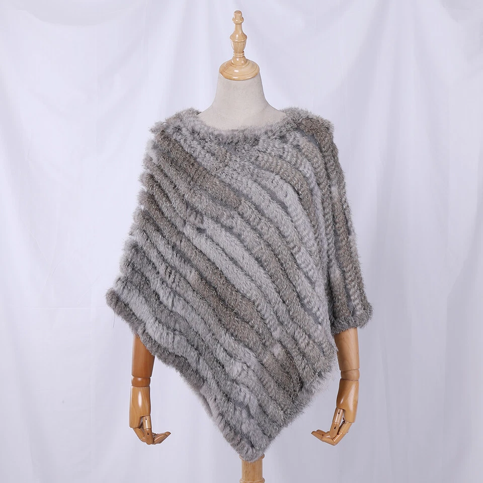 Dama Poncho de Piel de Conejo Real Mujeres Moda Mantón Tejido Piel Natural Top Pullover Foto 3 de 4