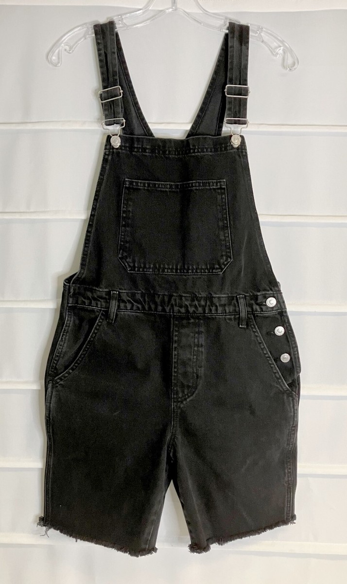 Topshop Moto Black Cotton Denim Frayed Hem Shorts Overalls Size 6