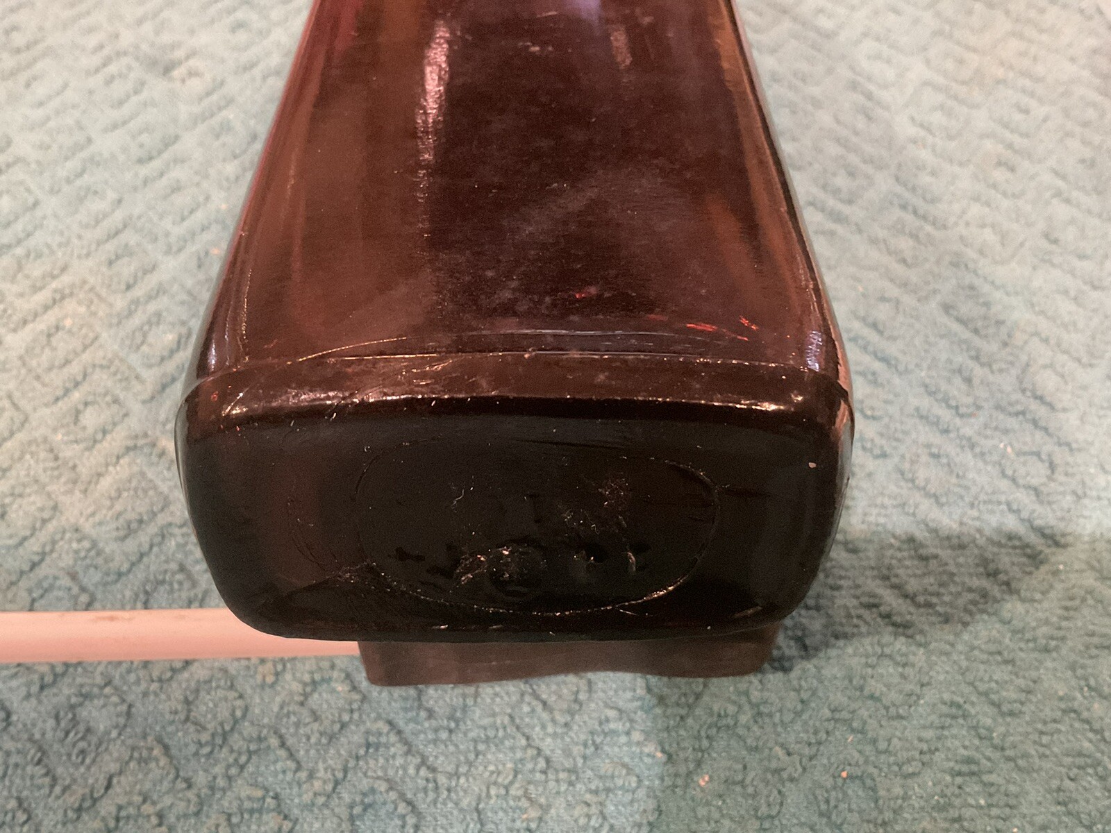 FATHER JOHN&rsquo;S MEDICINE BOTTLE LOWELL MASS. EMBOSSED LOGO PRINTING BRONZE/AMBER.