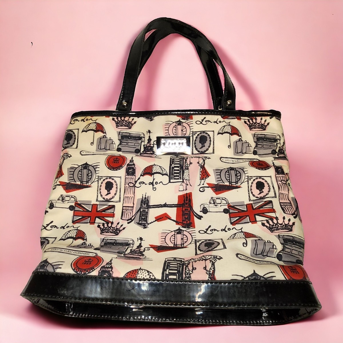 LULU by Lulu Guinness White Pink Black London Hand Bag Purse Tote