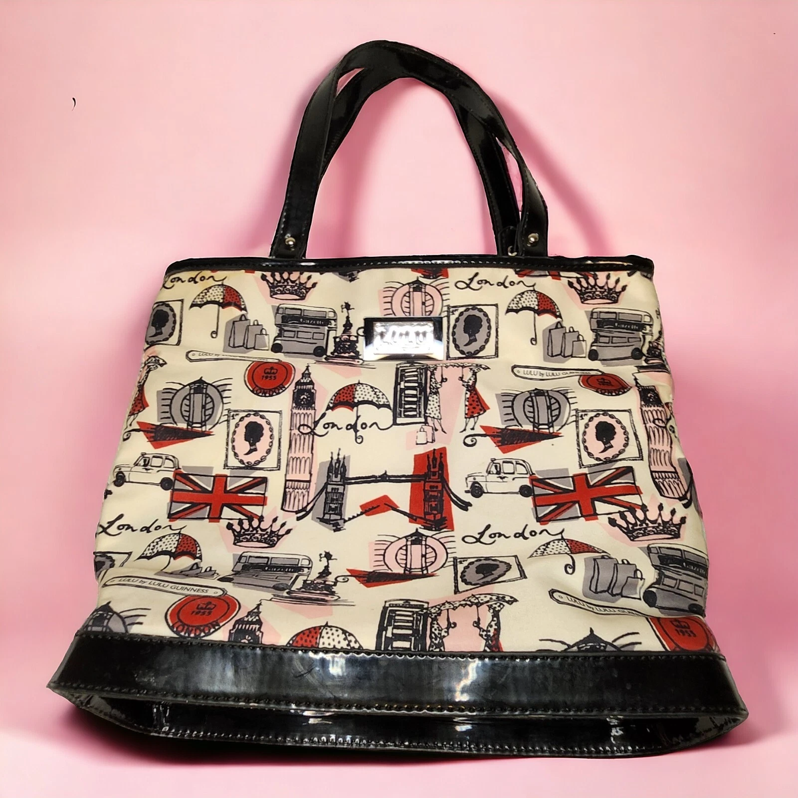 Borsa a mano LULU by Lulu Guinness bianca rosa nera Londra borsetta tote stampa setosa