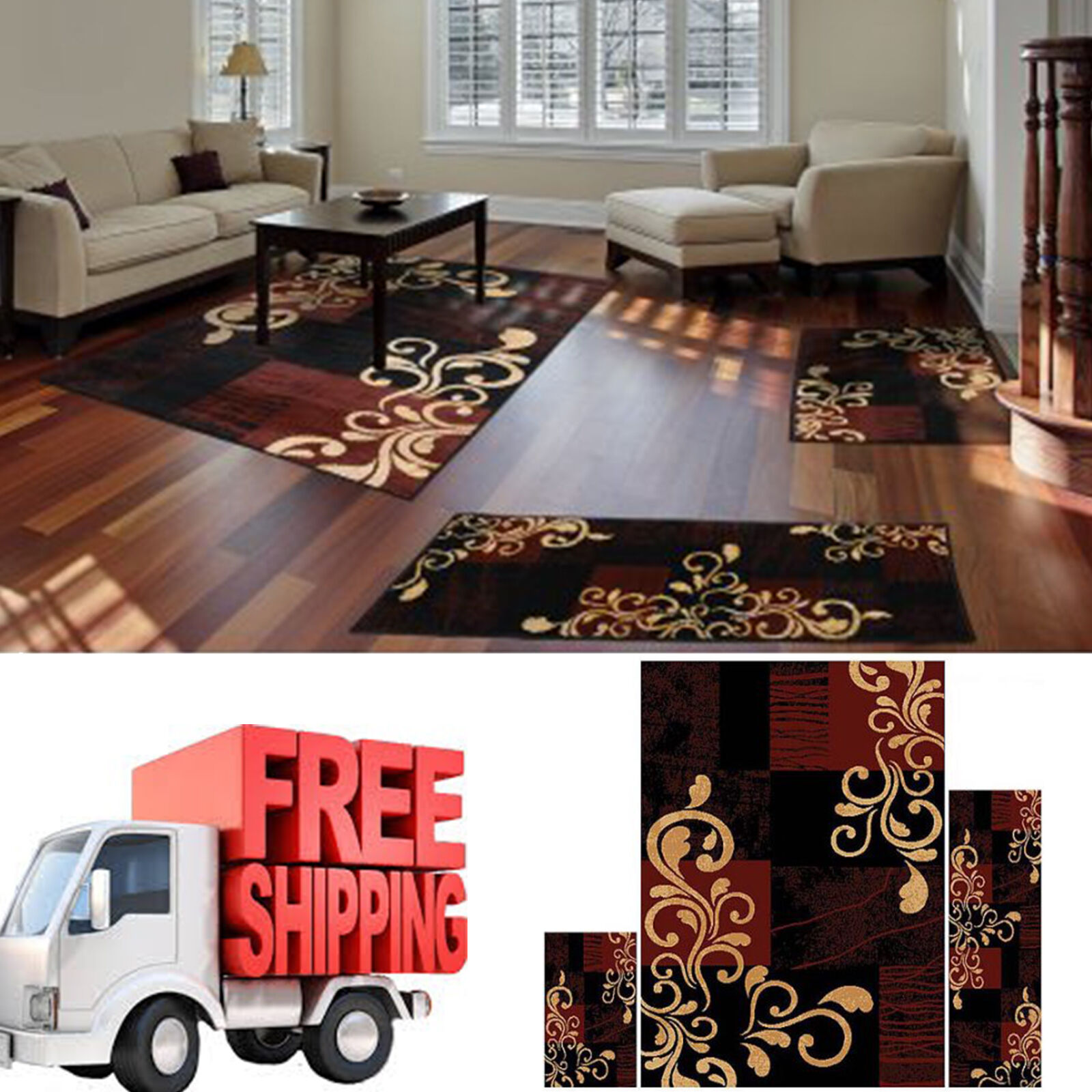 Area Rug Set 3 Piece Red Carpet Living Room Bedroom Modern Contemporary Large For Sale Online