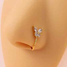 Butterfly U-shaped Rhinestone Fake Nose Ring Non-Piercing Clip on Golden Toned