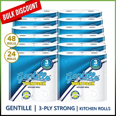 24 Kitchen Roll Gentille Twin, 3PLY Towel Paper, Extra Thick & Strong Rolls