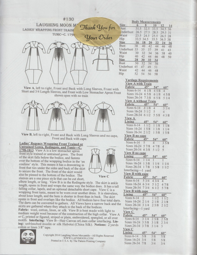 Historical Front Wrap GOWN w/Train, Tunic (C. 1798-1813) MISSES' Size 6-34 Uncut - Picture 2 of 3