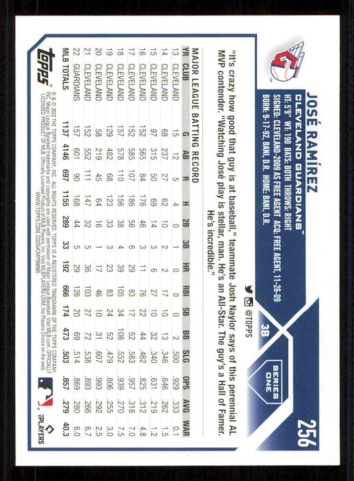 2023 Topps Gold Rainbow Foil #256 Jose Ramirez - Image 2 of 2