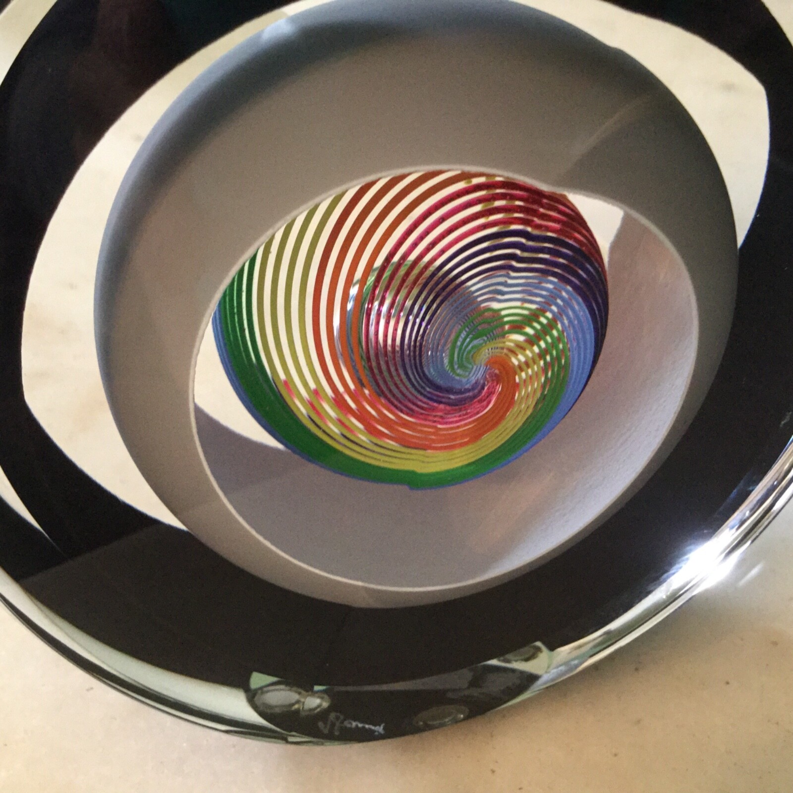 Signed Paul Harrie Rainbow Saturn Series Art Glass Paperweight