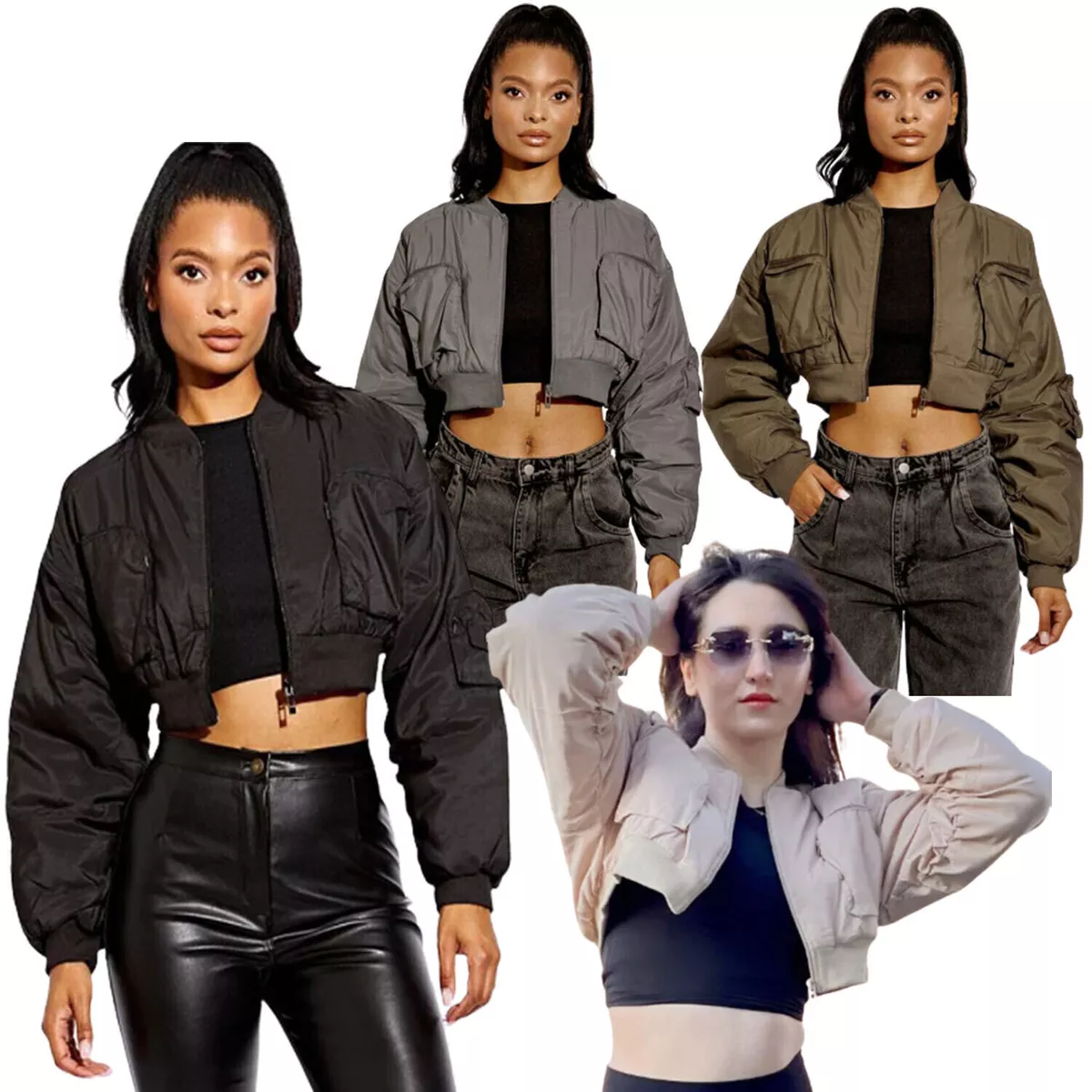 Womens Ladies Ruched Sleeve New Utility Pocket Winter Cropped Bomber Jacket Zip