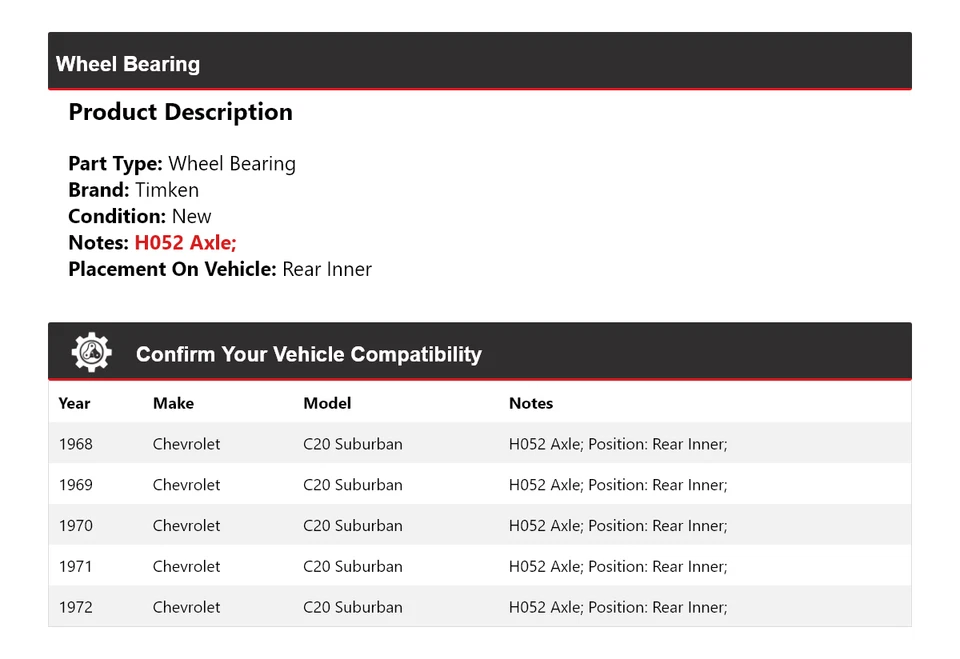 适用于 1968 - 1972 雪佛兰 C20 Suburban 车轮轴承后内铁姆肯公司 1969 1970 — 第 2/4 张图片