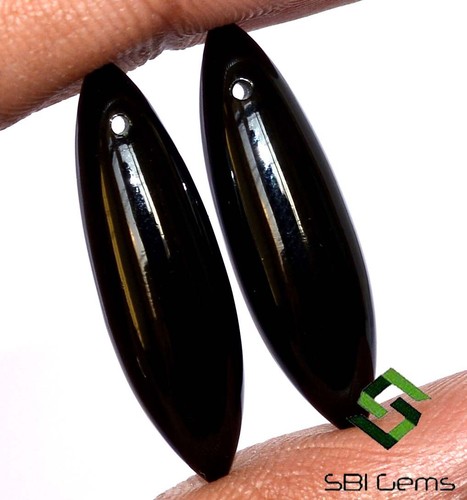 Natural Black Onyx Marquise Shape Cabochon Pair 28x8.25 mm Drilled Loose Gems - Picture 2 of 6