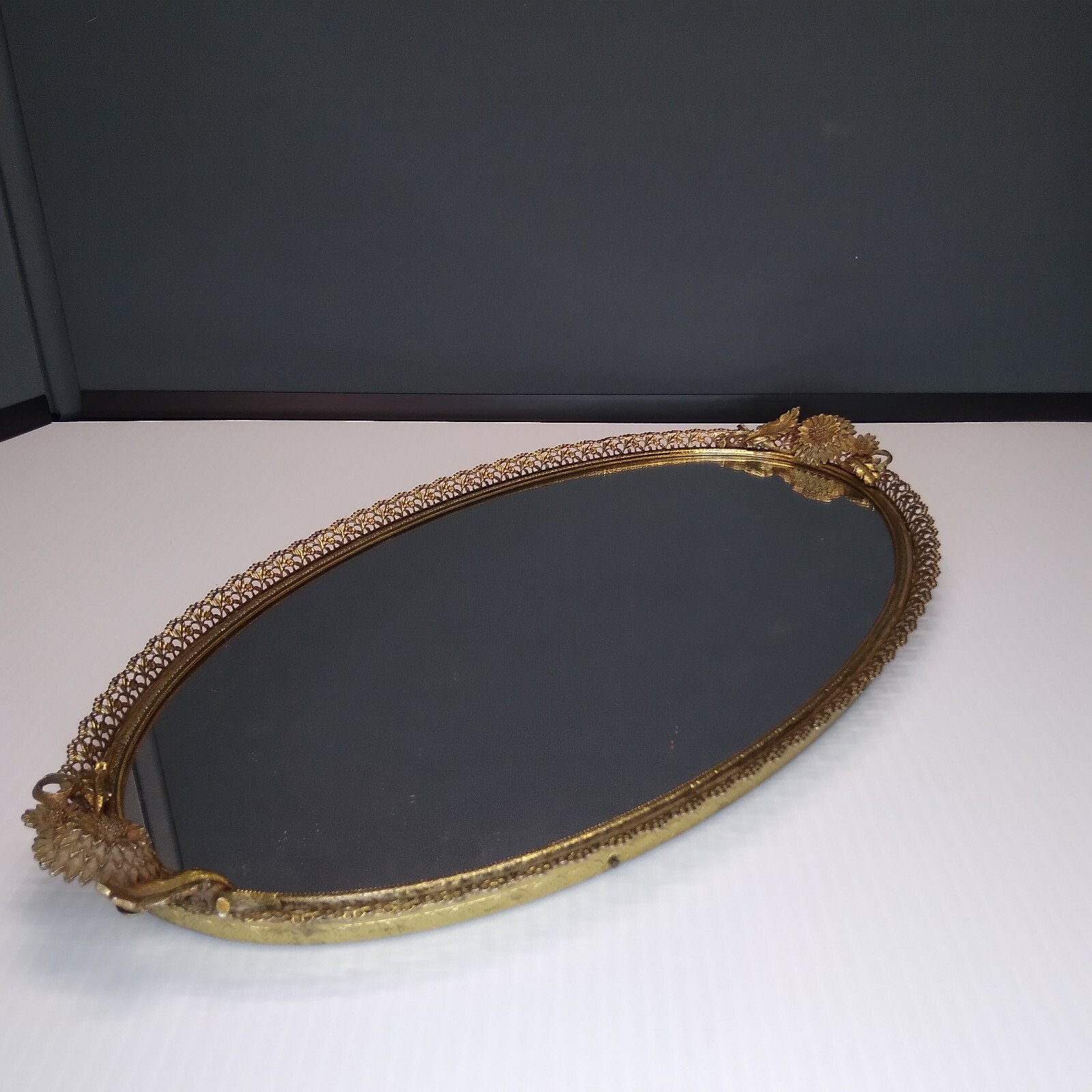 Vintage Large Ornate Vanity Mirror Tray Plated Metal Sunflower Leaf
