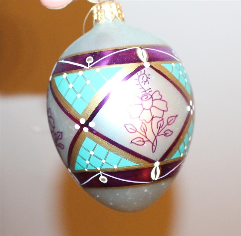 Komozja Egg Shaped Ornament 4" Purple Gold and Green Tag