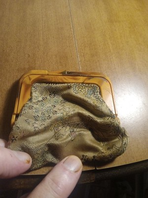 Bakelite Vintage Change Purse Asian Design Fabric 3 1/4'' By 3 1/2'' Estate Find