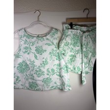 Lucky Brand Green White Floral Tank Belted Shorts Matching Set Size Large