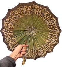 Vintage Brown / Green Parasol Umbrella / Walking Cane W/ Carved Wood Handle 29  