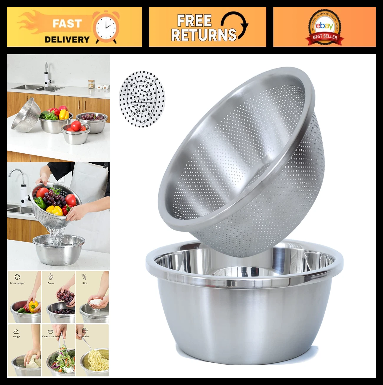 304 Stainless Steel Colander Set, 4.5QT Large Capacity for Veggies, Pasta & Rice
