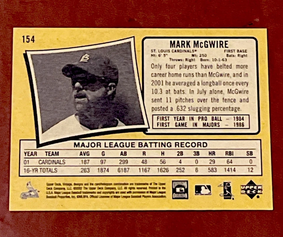 2002 Upper Deck Vintage #154 Baseball Mark McGwire St. Louis Cardinals HOF HNRS - Image 2 of 2