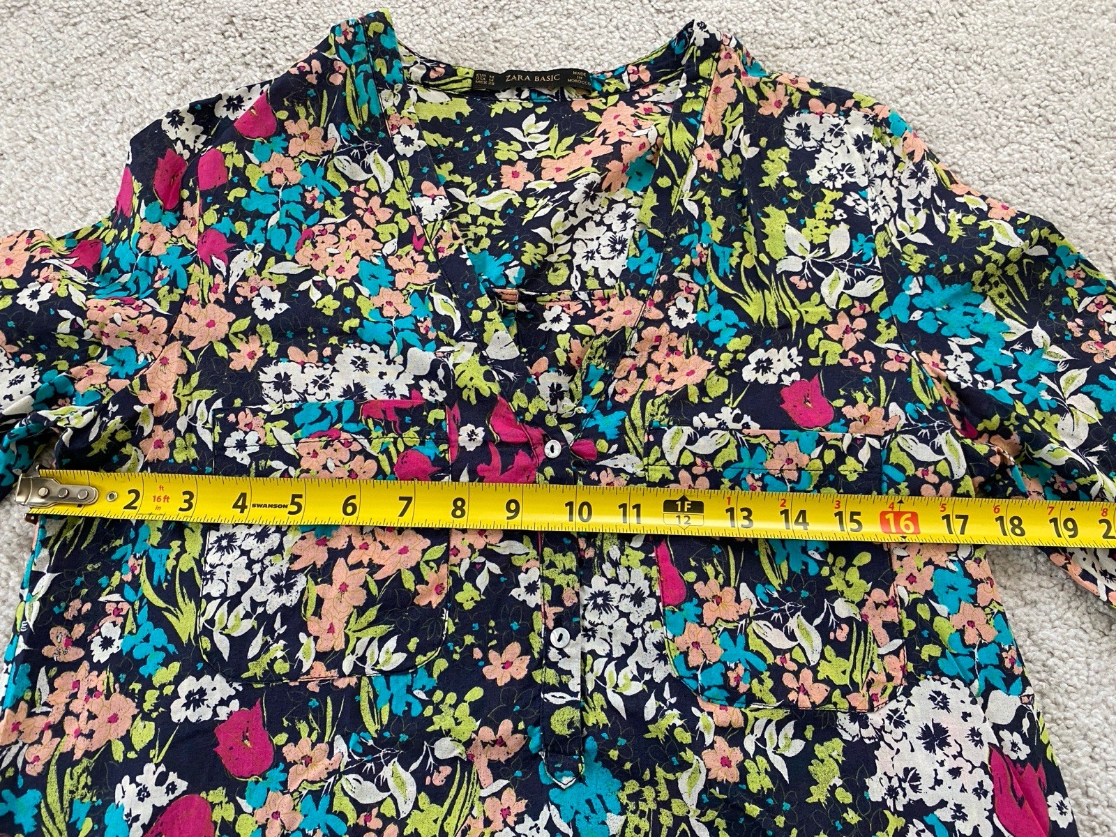 Zara Basic Blouse Black with Pink Blue Floral Lon… - image 7